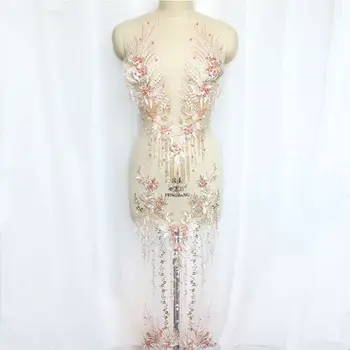 1 Комплект шампанско дантела плат цвете пискюл мъниста кристал бродирани сватбена рокля апликации окото шият кръпка за рокля DIY декор
