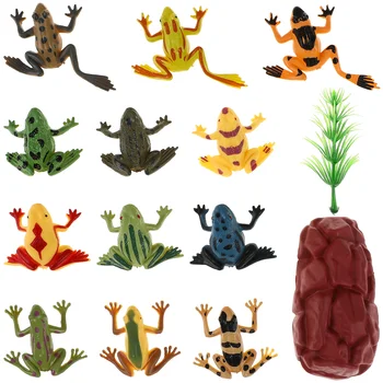 12pcs/Set Пластмасови реалистични жаба модел екшън фигури Реалистични животни играчки с трева фалшив камък кукла къща градина пейзаж