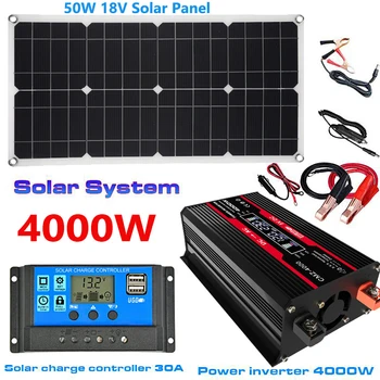 12V до 110V / 220V слънчева енергийна система 4000W модифициран синусоидален инвертор 50W слънчев панел 30A комплект за генериране на електроенергия на контролера за зареждане