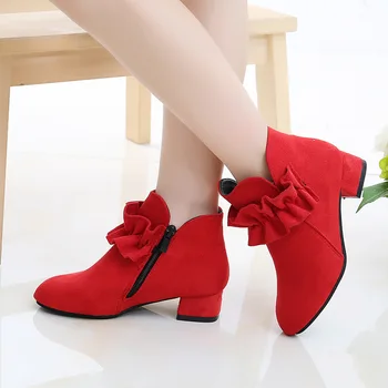2021 Нова мода висок ток детски обувки за момичета цвете есен кожени ботуши глезена детски ботуши 4 5 6 7 8 9 10 11 12-годишни