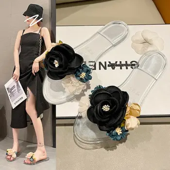 2023 Модни летни чехли жени прозрачни еднолични цветя украсяват чехли за жена удобни антихлъзгащи луксозни дамски обувки
