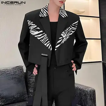 2023 Мъжки нетактичност ревера дълъг ръкав пачуърк бутон случайни костюми улично облекло корейски стил мода мъжки кроп палта S-5XL INCERUN