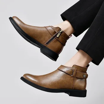 2023 Нови обувки за мъже колан катарама мъжки ботуши високо качество кръстосано вързани гореща продажба кръг Toe шиене мъже кожа глезена ботуши Сапатос