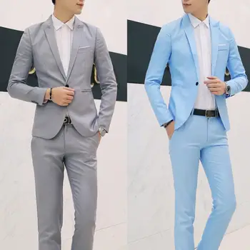 2Pcs мода мъже плътен цвят ревера бутон дълъг ръкав тънък нетактичност костюм панталони костюм панталони
