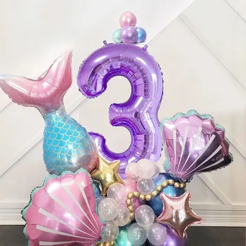 33Pcs Дисни русалка парти балони лилаво 1-9 брой фолио балон деца момичета малка русалка тема рожден ден декорации