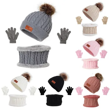 3Pcs Зимна бебешка шапка шал ръкавици комплект плътен цвят малко дете капак сладък помпон плетени шапки открит топло бебе аксесоари