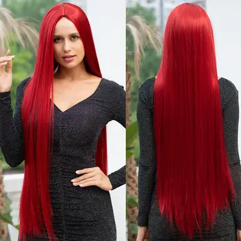 40inch синтетичен бутон нетна червена дълга ваканция коса средата раздел ролева перука подходящ за партита ежедневно облекло за жени