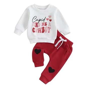 Baby Boy 2 Piece Outfits Свети Валентин писмо печат дълъг ръкав суитчър и еластични панталони за малко дете есен дрехи