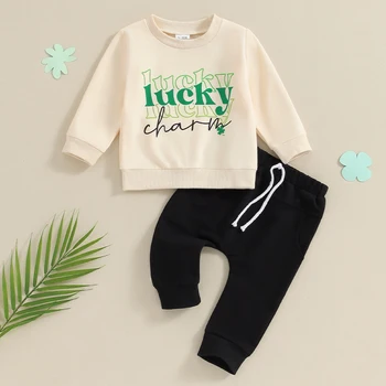 Baby Boy St Patricks Day Outfit Малко дете Лъки чар дрехи дълъг ръкав суитчър твърди случайни джогър панталони комплект