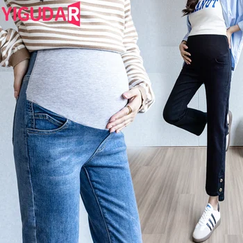 Casual Loose корема Бременност фотосесия Дънки корейска мода Майчинство дънки есенни дънкови панталони бременни жени дрехи