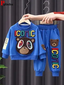 Casual Суитчър Детски 2 части комплекти дълъг ръкав пуловер върхове момчета / момичета ансамбли джогър панталони 1-11y печат мечка деца облекло
