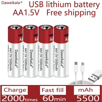 Daweikala Нова AA USB акумулаторна литиево-йонна батерия 1.5V AA 5500mah / Li ion батерия часовник за играчки MP3 плейър термометър клавиатура