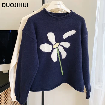 DUOJIHUI корейски стил хлабав прост пуловер жени пуловери Ins нов Chicly флорални бродерия случайни мека мода женски пуловери