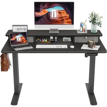 FEZIBO Регулируемо по височина електрическо стоящо бюро с двойно чекмедже, 48 x 24 инчова маса за изправяне с рафт за съхранение, бюро за сядане