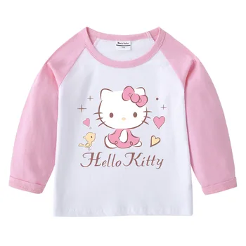 Hello Kitty Есенна детска памучна тениска Кръгло деколте Карикатура Риза с дълъг ръкав Горна долна риза Момчета Момичета Бебешки детски дрехи