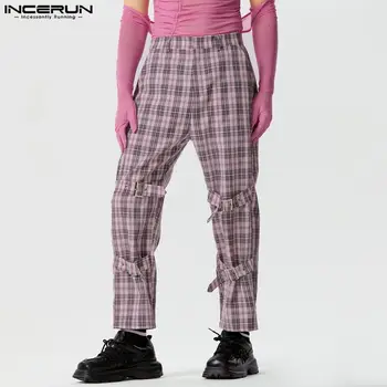 INCERUN 2023 Американски стил Нови мъжки панталони Карирана катарама дизайн Дълги панталони Случайни парти показва горещи продажба мъжки панталони S-5XL