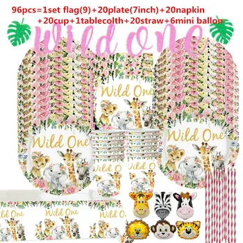 Jungle Animal Tableware Set Wild One Birthday Party Decor Kids Girls Pink Forest Party Supplies Jungle Safari Theme Party Decor