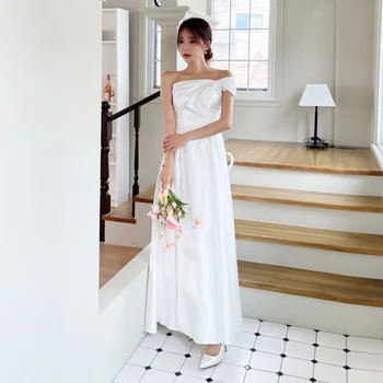 MULOONG Едно рамо линия Корея сватбена рокля за Wowen плисирана глезена дължина дантела нагоре булчинска рокля Нова 2023