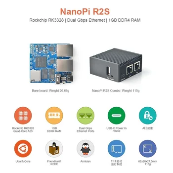 NanoPi R2S Kit & Combo 1G DDR4 RAM, Rockchip RK3328, Quad Cortex-A53, Dual 1000M Ethernet LAN, USB3.0, OpenWRT, U-boot, Ubuntu-Core