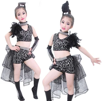 New Girls' Sequined Feather Джаз танцов костюм Бална рокля Хип-поп dancwwear пайети mordern отгоре + пола