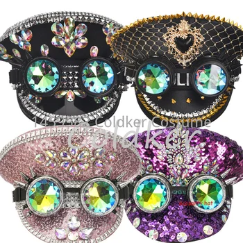 Purple Sequined & Diamonds Мода Steampunk шапка с очила Рейв фестивал Луксозни косплей аксесоари Готически Хелоуин реквизит