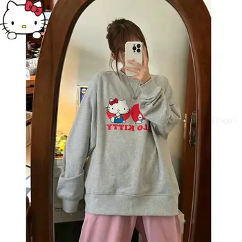 Sanrio Hello Kitty пуловер върхове улично облекло хлабав блуза Harajuku хип-хоп тъмно мъже и жени двойки лято дълъг ръкав тениска