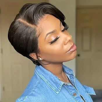 Short Bob Wig Pixie Cut Wigs Human Hair Wigs Straight 13x4x1 T Part Transparent HD Frontal Lace Wig For Women 1B/99J 1B/27 Ombre