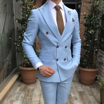 Slim fit Двуреден костюм за мъже 2 части светло син сватбен смокинг за младоженеца 2023 Peaked ревера обичай мъж моден костюм