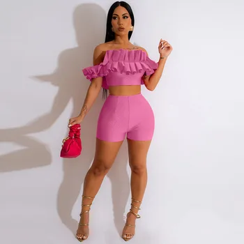 Solid Two Piece Set for Women Summer Outfits Ruffles Off the Shoulder Strapless Crop Top Short Sets Party Club Matching Sets