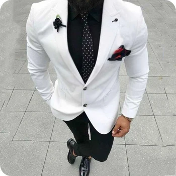 Two Buttons White Groom Tuxedos Peak Lapel Men Suit 2 Pieces Wedding Party Groom Wear Tuxedos (Jacket+Pant) Costume Homme