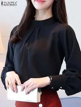 ZANZEA елегантна риза върховете 2024 пролетен фенер дълъг ръкав блуза жени случайни плисета туника реколта стойка яка офис Blusas