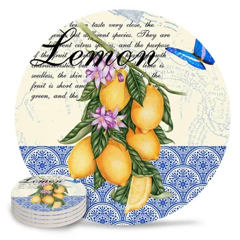 Акварелни лимони Подложки за маса Кухня Аксесоари за декор на масичка за кафе Керамични подложки с коркова подложка за подложка за чаши