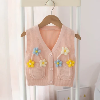 Активно дете бебе момичета плетена жилетка палто пролет есен v-образно деколте без ръкави жилетка корейски стил детски пуловер камизола