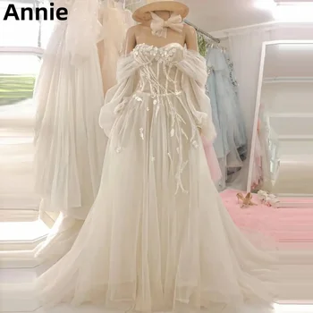 Ани бродерия апликация абитуриентски рокли бутер дълъг ръкав фея 2024 вечерРокля тюл от рамото сватбена рокляпарти рокля