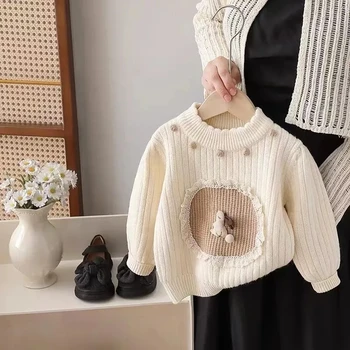 Бебе момиче пуловер пролет и есен детски удебелени топло кадифе трикотажни отгоре момиче дъното пуловер