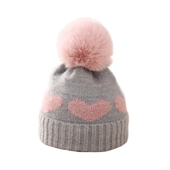 Бебешка зимна шапка Сладки момичета сърце модел плюшени пом плета Beanie топла болнична капачка за бебета студено време аксесоари