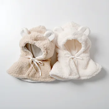 Бебешка плюшена топла шапка корейски стил мода твърди удебелени сладък мечка ухо дизайн шал ухото защита шапка дантела нагоре лък шал