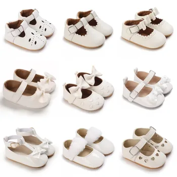 Бебешки обувки Момичета новородено Бяла серия обувки за предни крака PU кожа плоско дъно мека подметка бебешки обувки лък бебе принцеса обувки