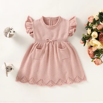 Бебешки пуловери рокля 100% памук трикотажни новородени момичета пола без ръкави малко дете бебе облекло мода волан джоб превръзка рокля