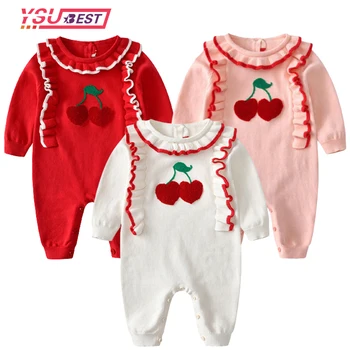 Бебешки ританки плетени череша есен дълъг ръкав бебе момчета момичета гащеризони костюми за игра едно парче детски пуловери екипировки 0-24M