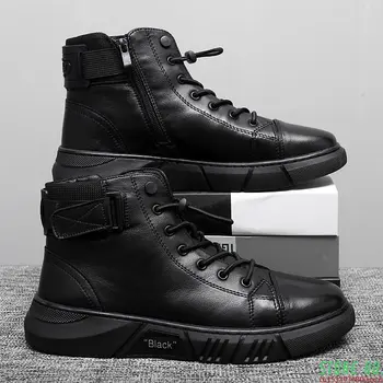 Ботуши Черни PU кожени мъжки обувки Есен Зима Удобни високи ежедневни обувки 2023 Мода Leahter платформа ботуши мъж