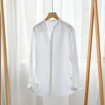 Бяла памучна ленена риза Мъжки хавайски ризи с дълъг ръкав Летни плътен цвят стендъп яка случайни плаж стил плюс размер 4XL