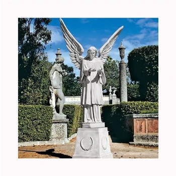 голям размер естествен камък стои крилат ангел скулптура мрамор ангел градина статуя за църковна украса