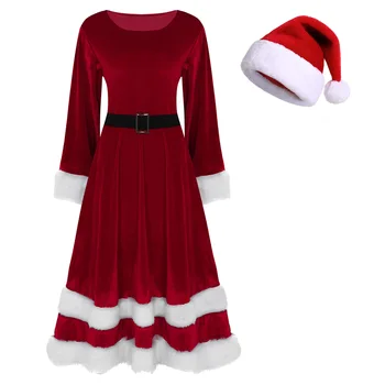 Дамски две части кадифе Коледа облекло лъжичка врата дълъг ръкав изкуствена кожа подстригване колан рокля с 1Pc Дядо Коледа шапка