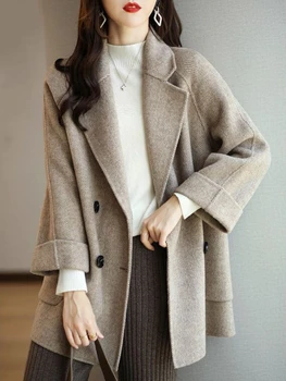 Дамски зимни палта Мода вълна & смеси палто женски елегантен твърди дебели палто двуреден дълги якета за жени 2023