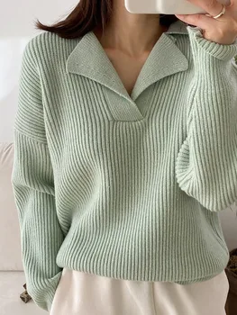 Дамски зимни плетени оребрени хлабав кашмир пуловер v-образно деколте дълъг ръкав извънгабаритни пуловери твърди пуловер жени пуловери