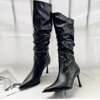 Дамски обувки 2023 Висококачествени дамски ботуши Модни плисирани офис и кариера Секси заострени ботуши до коляното Zapatos