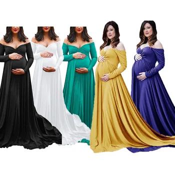 Дамски фотографски платове женски v-образно деколте Lacy изоставаше къдрава рокля плисирани дълги ръкави бременни майчинство обличане