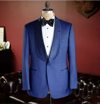 Две части сини мъже костюми шал ревера тънък годни по поръчка сватбен младоженец смокинги 2020 вечерно парти носи (яке + панталон)