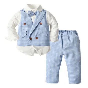 Детски дрехи за бебета момчета модни екипировки Небесно синьо жилетка панталони с риза 4 бр / комплект бебета деца попадат връхни дрехи комплект 1-7 години